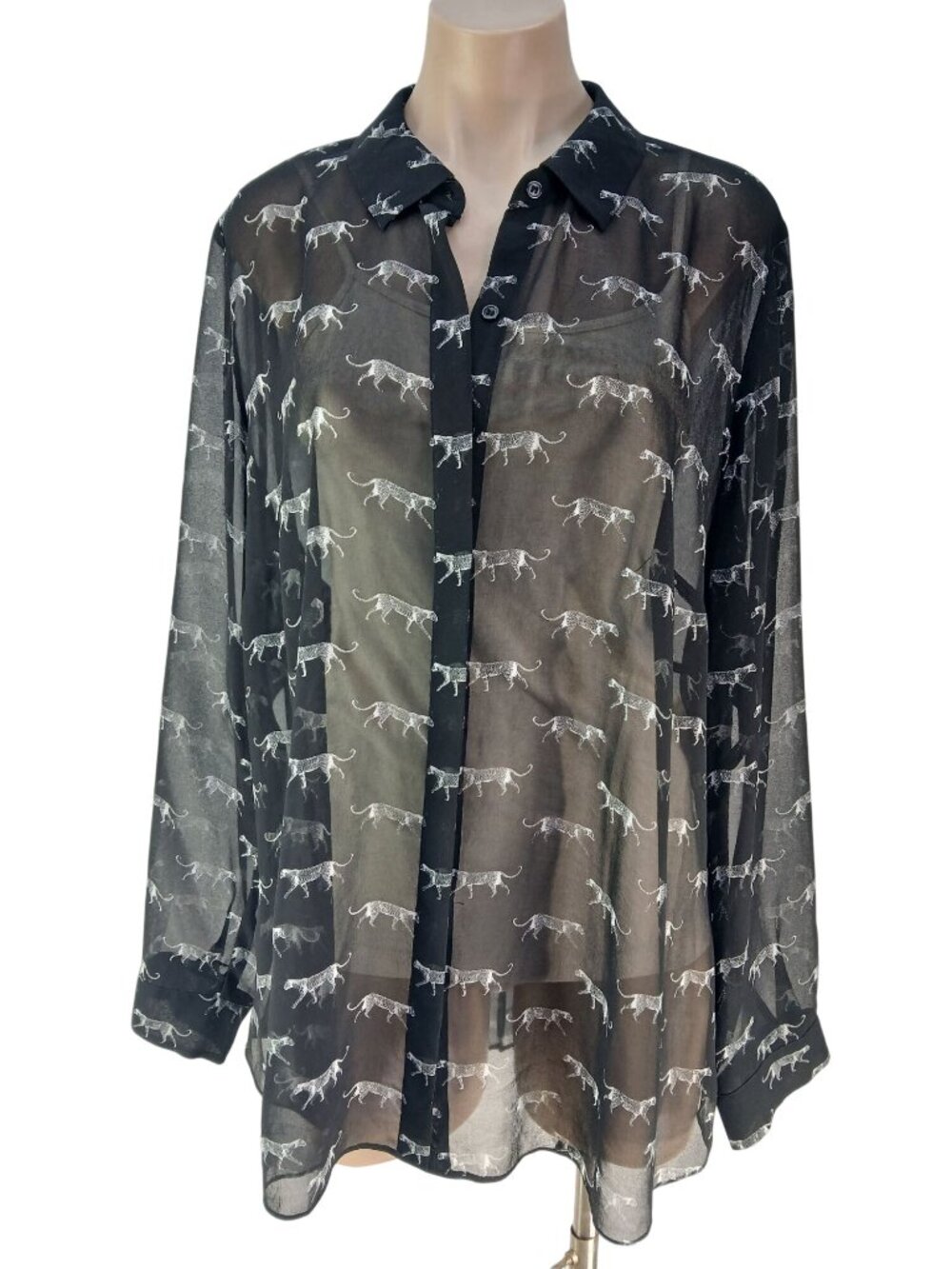 Lane Bryant Sheer Black Button Up Blouse Silver Cheetah Print 18/20 Plus Size
